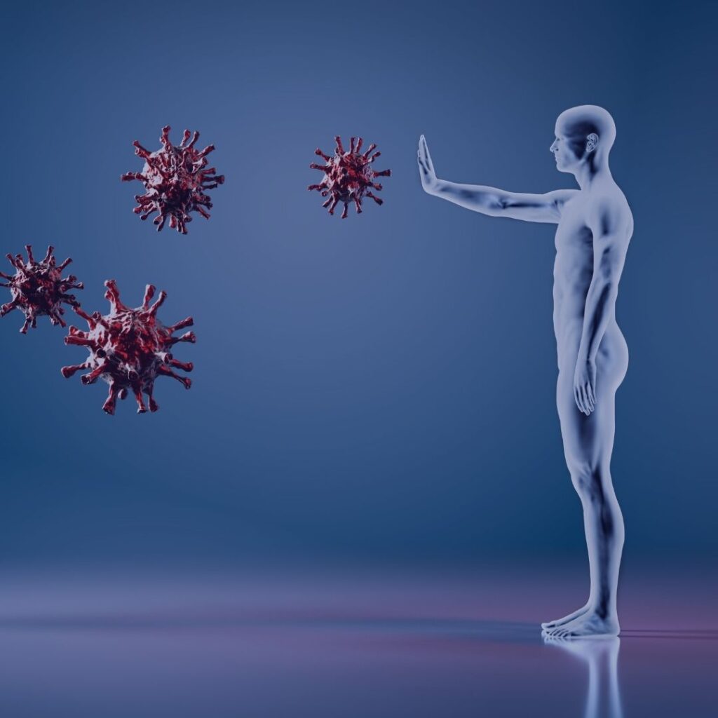 Un homme qui tend le bras pour arrêter les virus